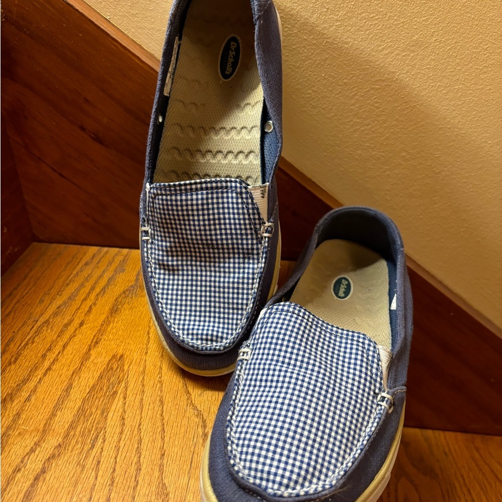 EUC Blue Gingham Dr. Scholl Slip-ons